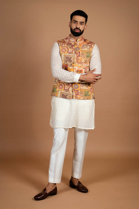 White Kurta with ethnic Printed Jacket